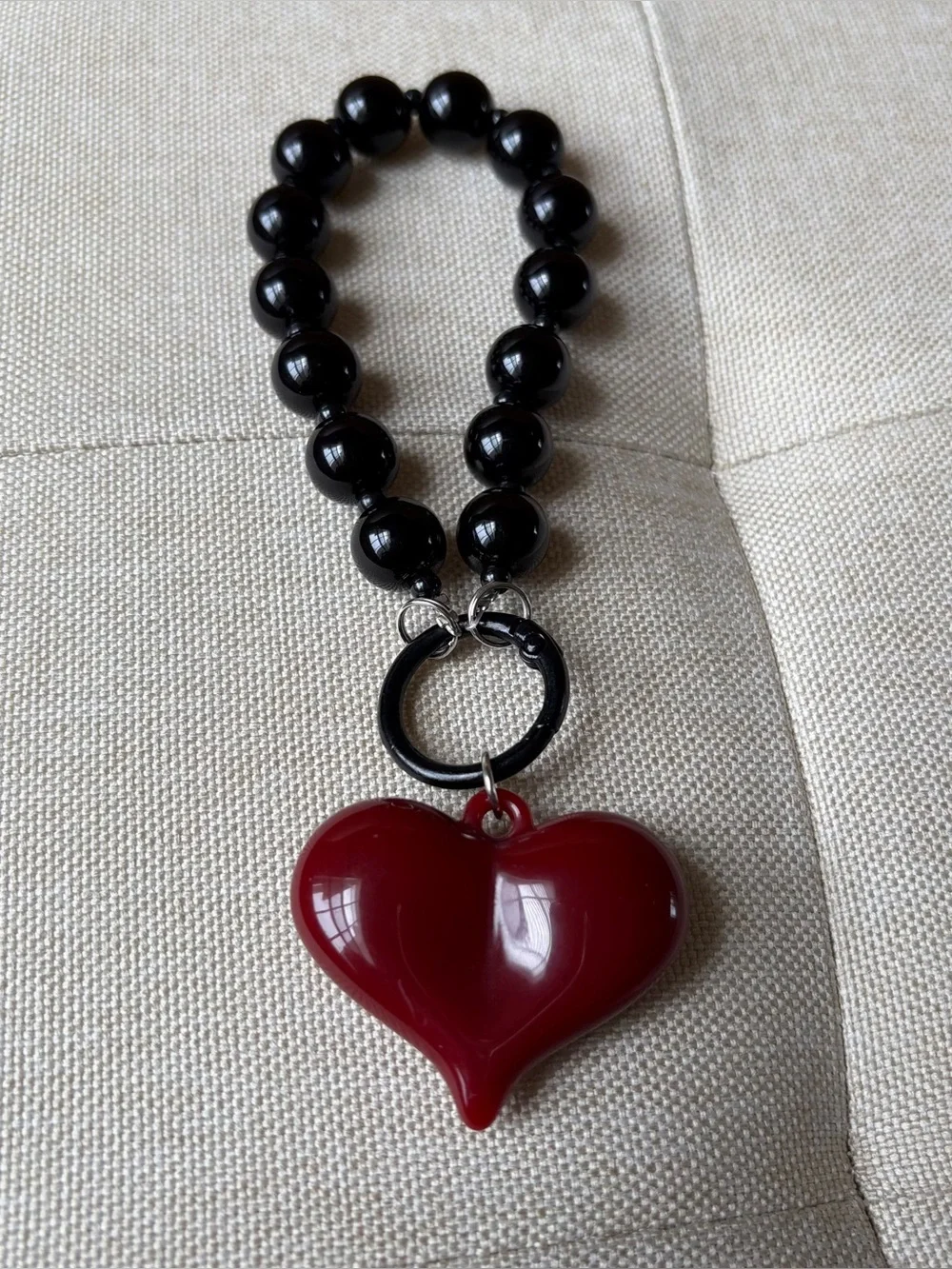 Black Beaded Bracelet/Keychain with Red Heart Charm